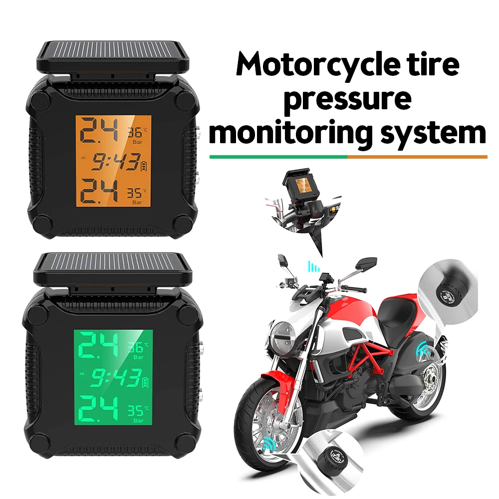 

Wireless Motorcycle TPMS Tire Pressure Monitoring System Solar USB Charging Tyre TTemperature Alarm System 2 External Sensors