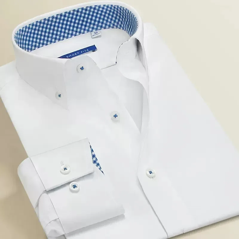 2025 Smart Five Men Dress Shirts White Long Sleeve Regular Slim Fit Formal Shirt Male 100% Cotton Summer Spring Size 45 46
