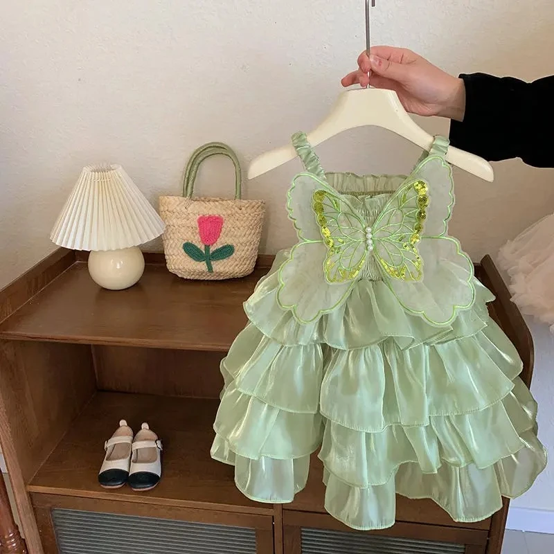 

Summer Wings Floral Puff Sleeve Dance Performance Clothes Children's Clothing Mesh Princess Dress Rainbow Butterfly Girl Dress