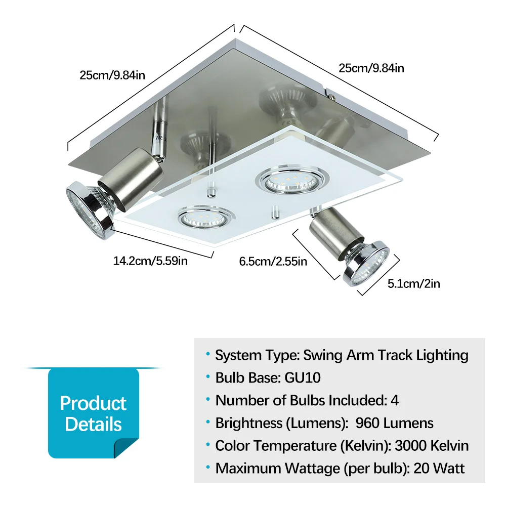 Depuley 4-light LED Track Light Ceiling Spotlight Directional Adjustable Multi-Head Flush Mount Ceiling Light GU10 Bulb for Bath
