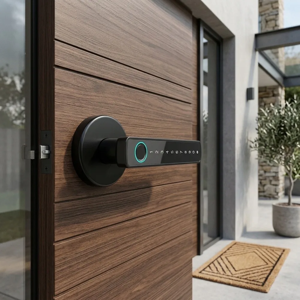 Digital Door Lock with Fingerprint Sensor USB-C Charging Port and Physical Key Override for Interior Applications