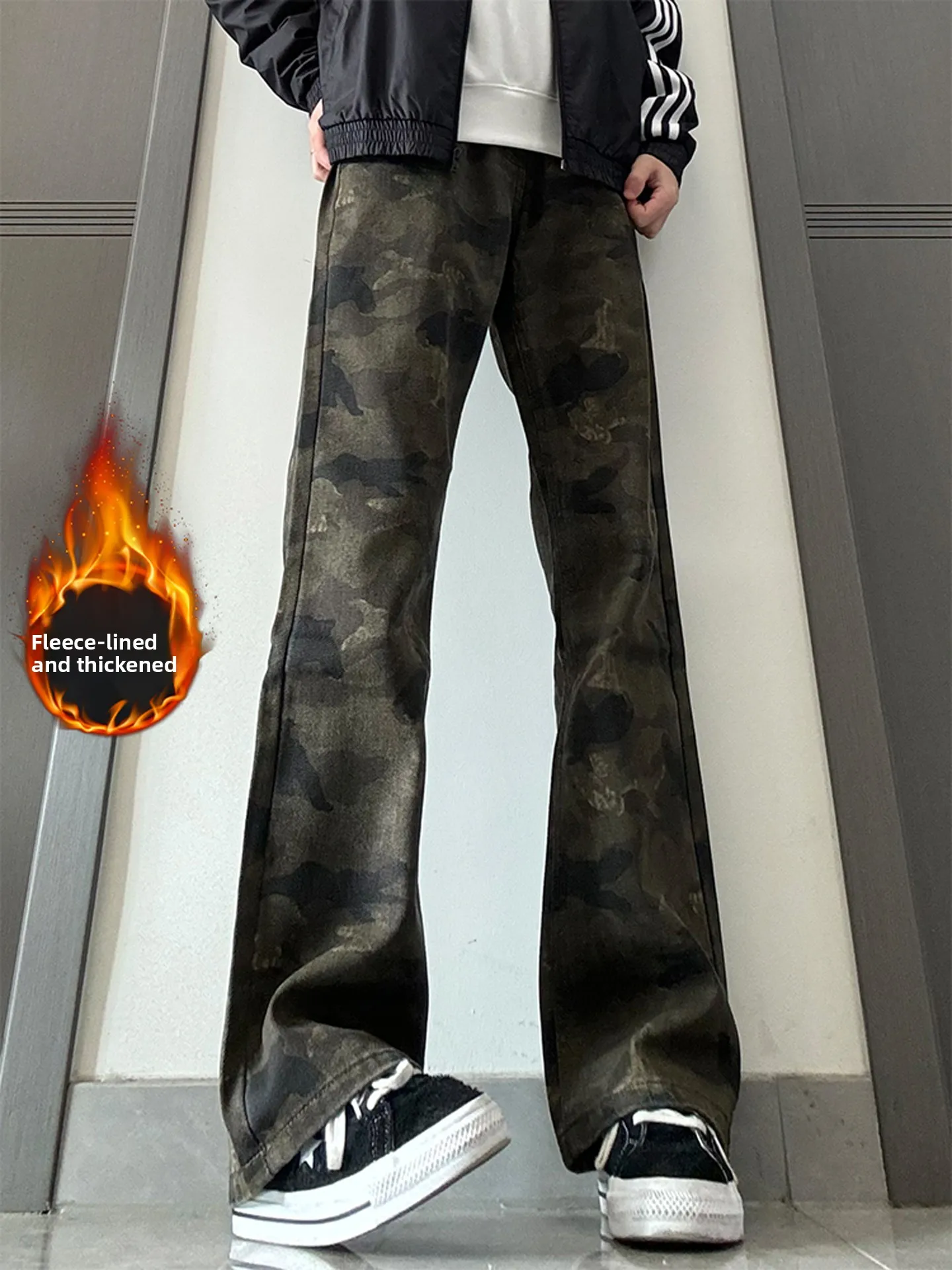 

Thiened Fce Lined Men's Jeans Camouflage Bootcut Workwear Pants Slimming Leg Lengthening High Street Vibe Winter Trousers
