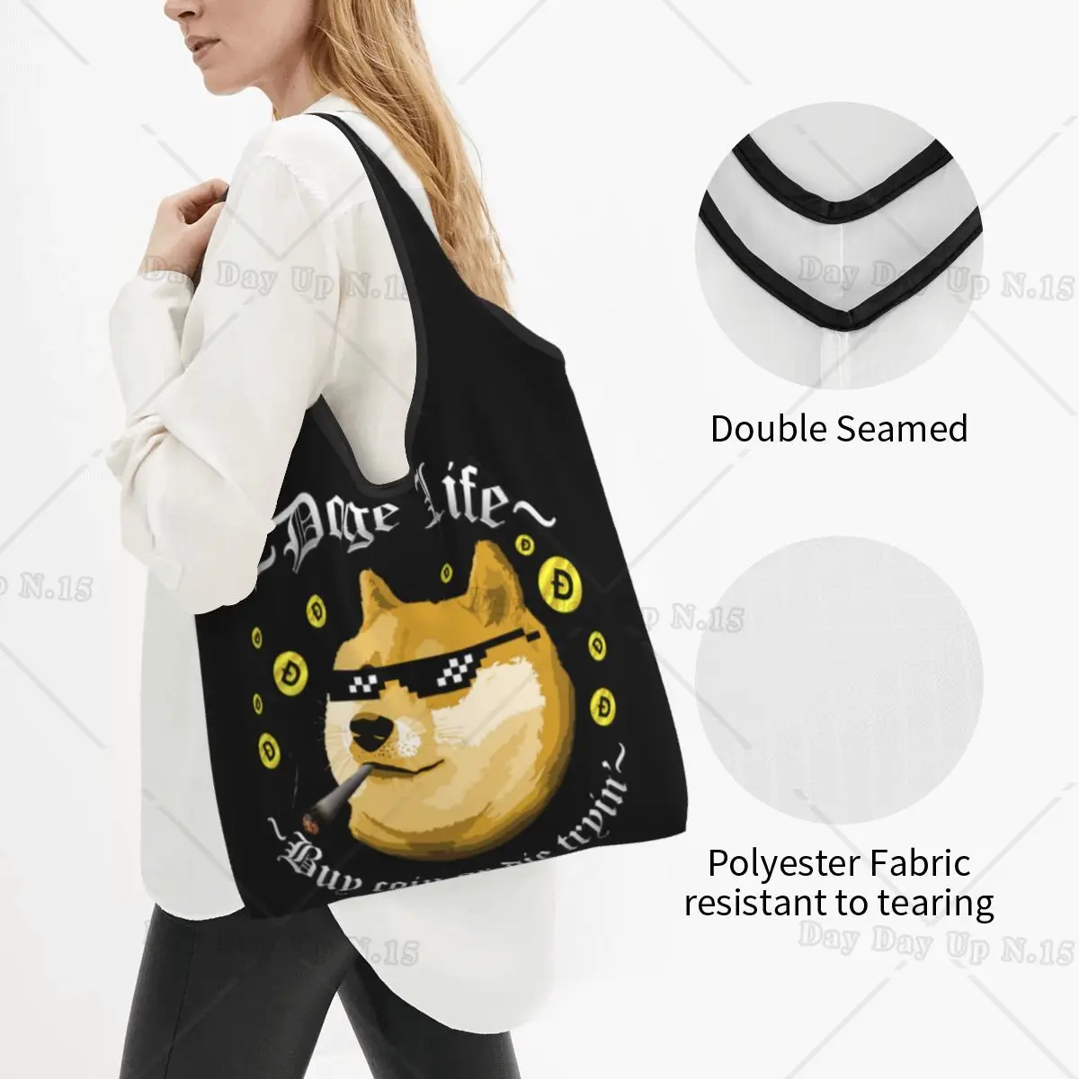 Doge Life Dogecoin Grocery Bags Durable Foldable Duty Bitcoin Crypto Cryptocurrency Ethereum Btc Blockchain Shopping Tote Bag