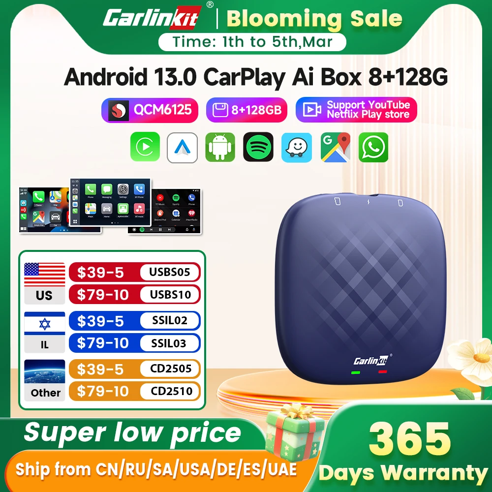 Carlinkit Android 13 Tv Box Support Netflix For YouTube Wireless CarPlay Android Auto Ultra 8+128G QCM665 4G LTE GPS Play Store