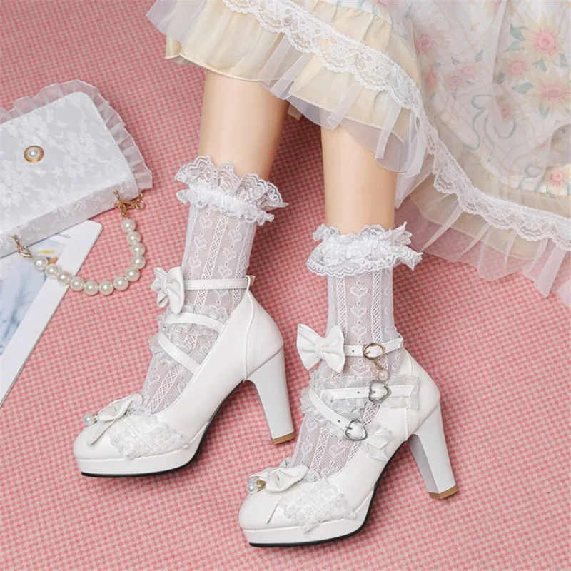 Princess Lolita Mary Jane Shoes Woman High Heels Pink White Bowtie Ladies Strap Fashion Heel Pumps Party Wedding Shoes Size32-43