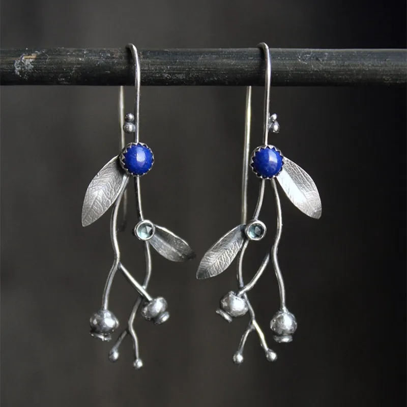 Vintage Round Blue Stone Earrings Metal Geometry Silver Color Carved Plant Leaves Dangle Earrings Jewelry