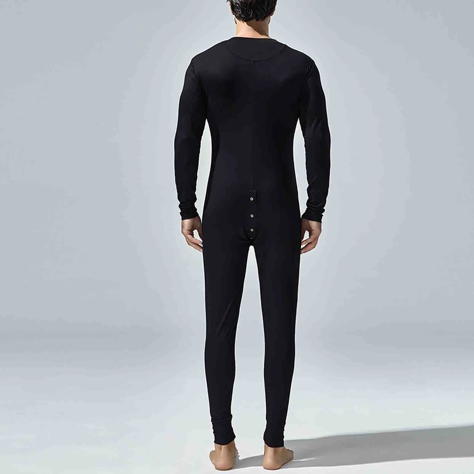 Single Breasted Men Onesie Spring Autumn Tight Jumpsuit Pajamas Long Sleeve Solid Color Button Slim Fit Bodysuit Nightwear