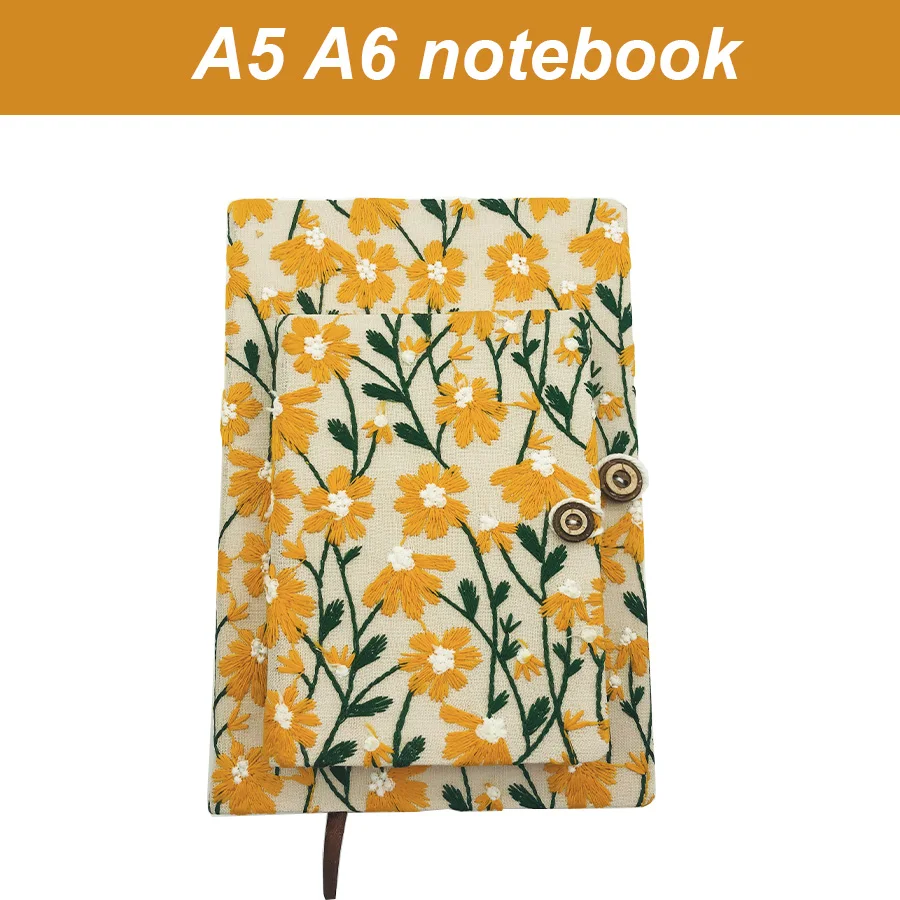 A5 A6 Fabric Embroidery Cloth Notebook with Bookmark and Buttons 100 Sheets 200 Pages Line Inner 80 GSM Paper Notepad