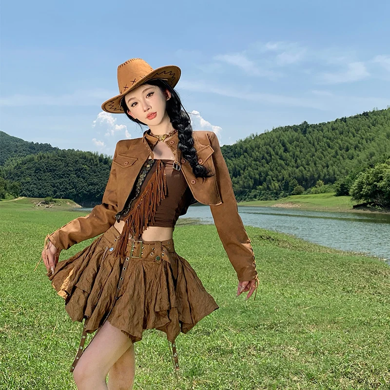 Cardigan Retro de Couro Marrom para Mulheres, Estilo Western Cowboy, Saia de Viagem com Franjas em Fibra de Poliéster