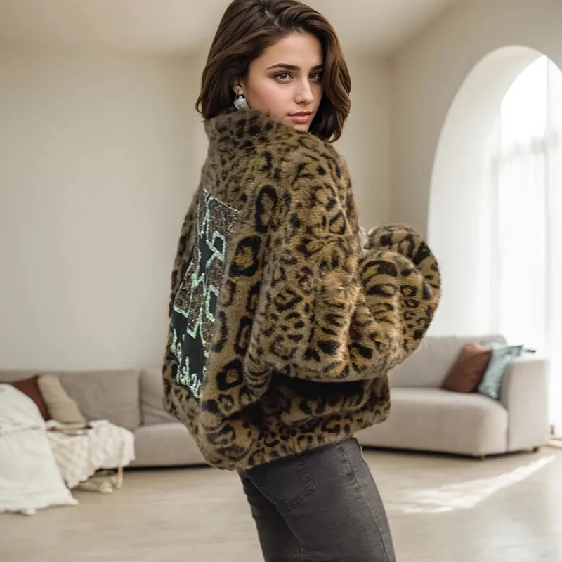 Leopardo impresso jaquetas femininas moda versátil diamantes gola de pele do falso cardigan casaco inverno nova pelúcia quente jaqueta curta