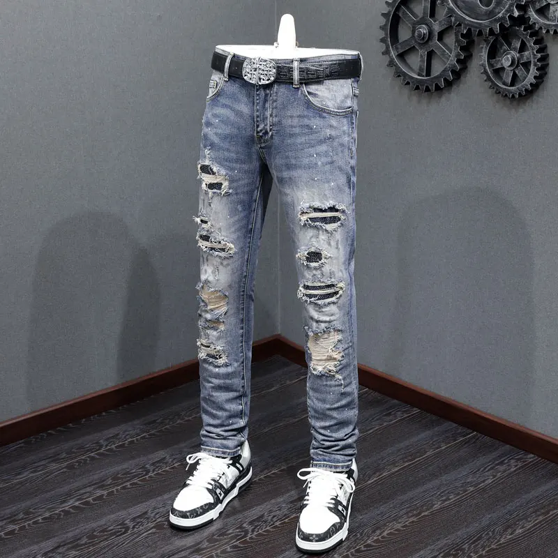 

Street Fashion Men Jeans Retro Washed Blue Stretch Skinny Fit Painted Ripped Jeans Men Patched Designer Hip Hop Brand Pants