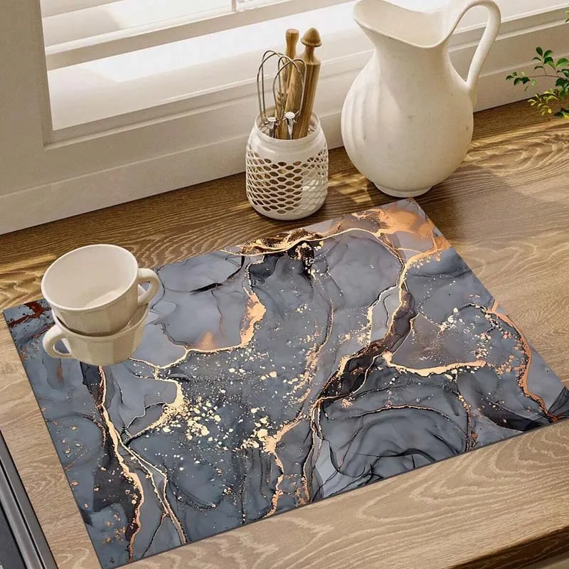 Grey Marble Print Kitchen Drying Mat Absorbent Non-Slip Dish Pad