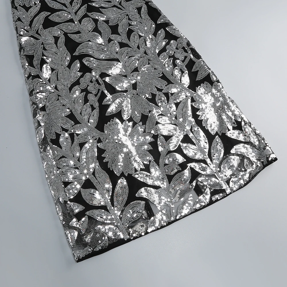 Elegancka czarno-srebrna sukienka letnia z cekinami, kwiatowym wzorem, wycięciami po bokach, ażurowa, długa sukienka na formalne okazje, Vestidos