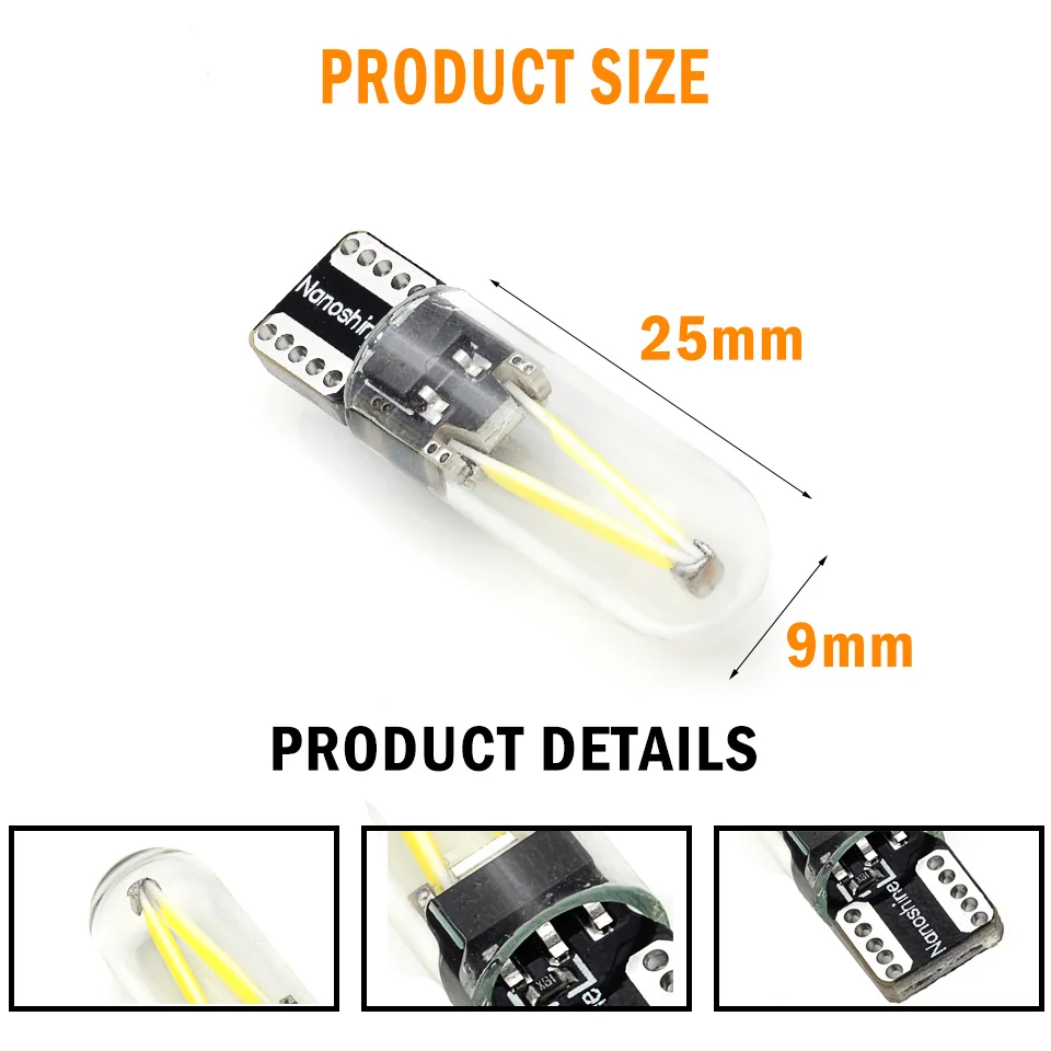 1x W5W Led T10 Cob Glass Car Light Led Filament Auto Automobiles Reading Dome Wedge License Plate Bulb Lamp DRL Car Styling 12v