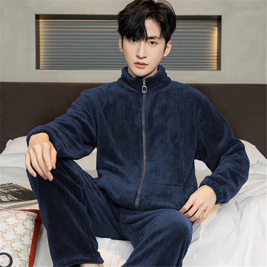 Men\'s Pajama Sets Winter Warm Homewear Flannel Loose Zip-up Nightwear 2 Pieces Thickened Sleepwear Male Home Clothes Big Size