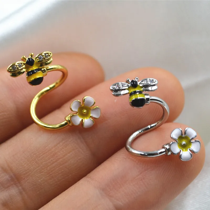 1PC S Lip Ring Piercing Bee Labret Month Piercing Flower  Double Ring Helix Piercing Cartilage Stainless Steel  Body piercing