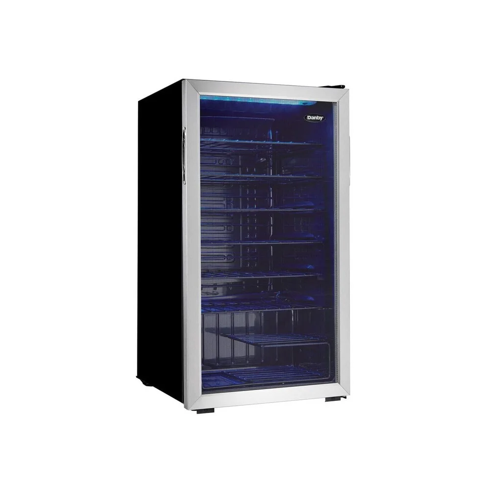 36 Bottle Stainless Steel Wine Cooler with Blue LED Lighting Tempered Glass Door Reversible Handle Black Wire Shelves Energy