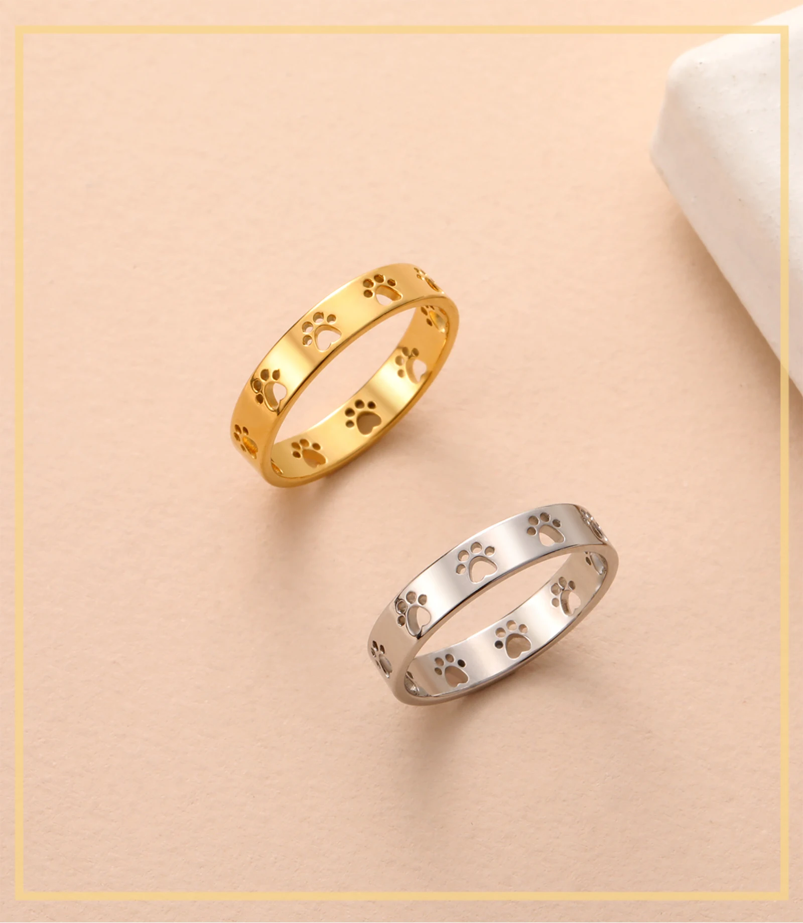 Cute Cat‑Dog‑Paw Pet‑Footprint‑Shape Gold‑Tone Stainless‑Steel Ring for Women,Animal‑Pet Trendy Finger‑Jewelry,Valentine‑Occasion Gift,Wholesale Available