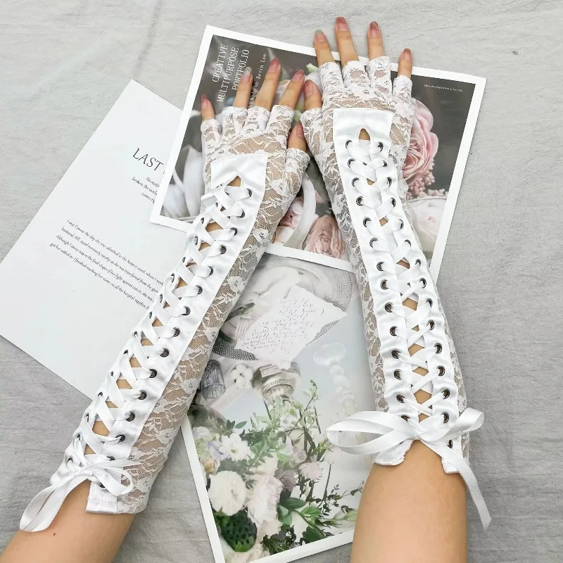 Black Lace Up Fingerless Gloves Elbow steampunk for Womens Costume Party Arm Warmer Sexy Mittens Clubwear Cosplay Accessories