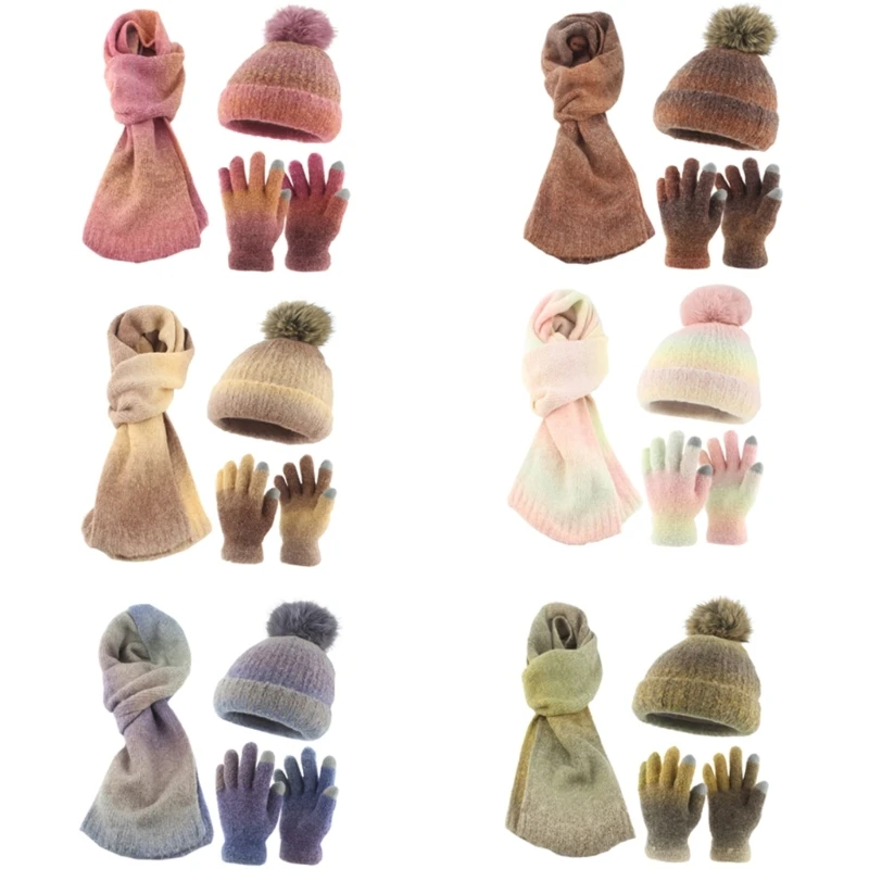 

Autumn Winter Gradients Knitted Hat Scarf Gloves Set for Warmth Fashion Thicken Liner Warm Hat Adult Unisex Knitwear M6CD