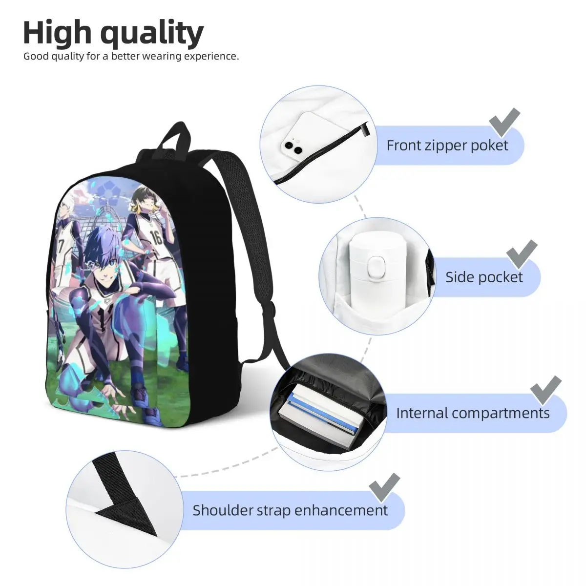 Mochila informal con cierre azul para hombre y mujer, bolsa de lona para ordenador portátil, trabajo, fútbol, Anime