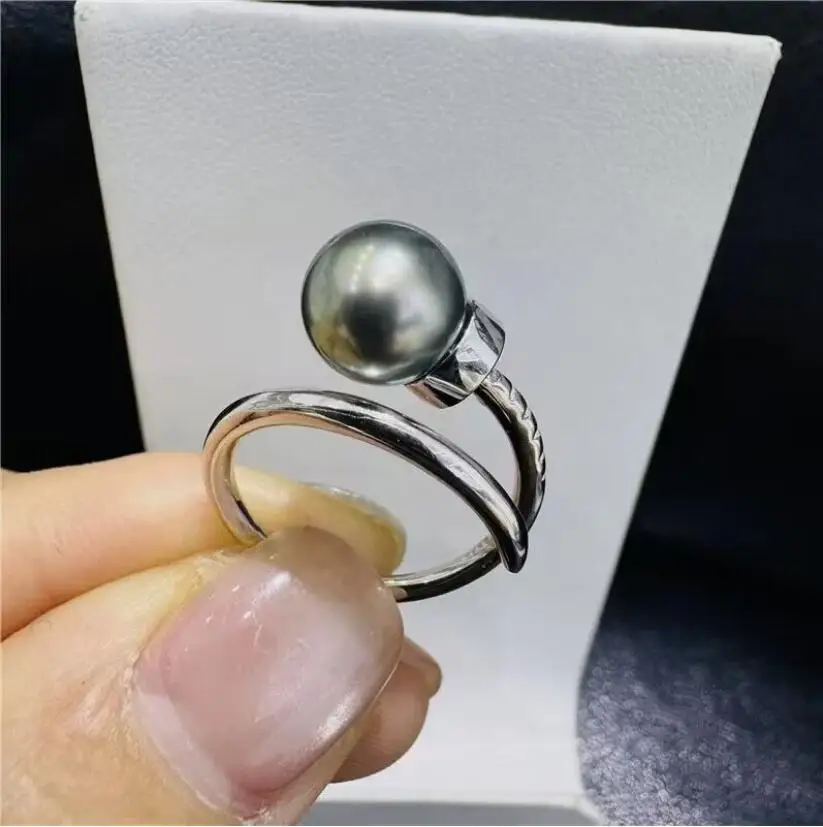 

stunning 9-10mm tahitian round black green pearl ring 925s