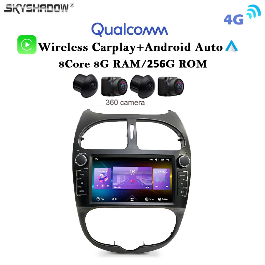 8G+256G Wireless Carplay Auto Android 13.0 4G LTE 360 Car DVD Player GPS Map WIFI Bluetooth RDS Radio For Peugeot 206 2001-2008