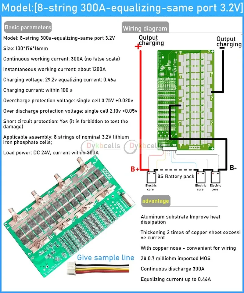 6S 7S 8S 리튬이온 Lifepo4 리튬이온 배터리 보호판 BMS 밸런싱 50A 100A 130A 230A300A 전류 24V 에너지 저장 RV 전원