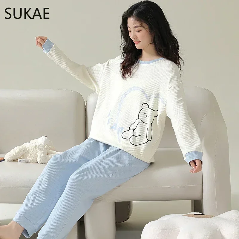 SUKAE Waffle Cotton Korean Minimalist Style Women Pajamas Spring Autumn Long Sleeves Lady Sleepwear Kawaii Round Neck Homesuits