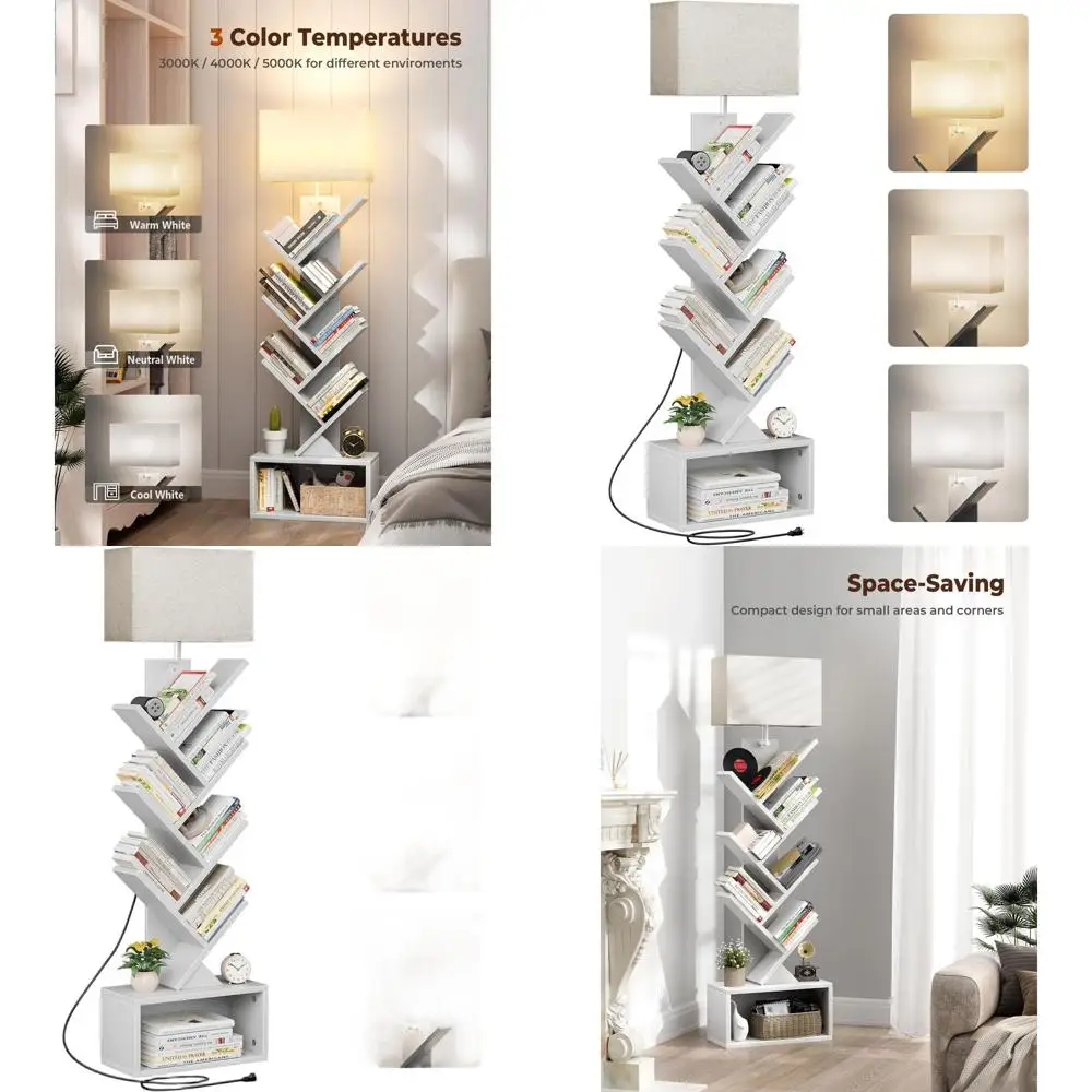 

6 Tier Tree Bookshelf with Light, Narrow Bookcase Tower, Tall Floor Standing Book Shelf Organizer with Storage Cabinet for Livin