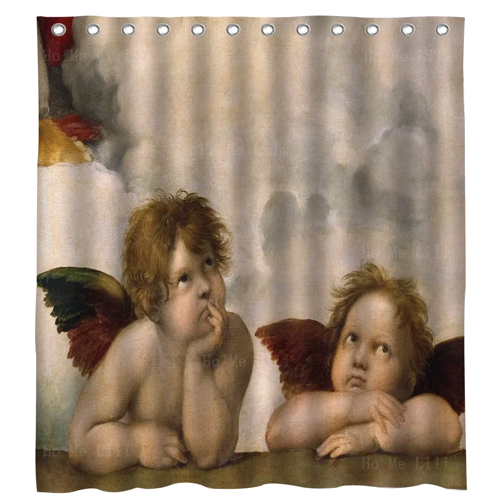 Rideau de douche imperméable de style Renaissance, les deux anges contemplatifs, art chrétien satiné, par Ho Me CAN i HODecor