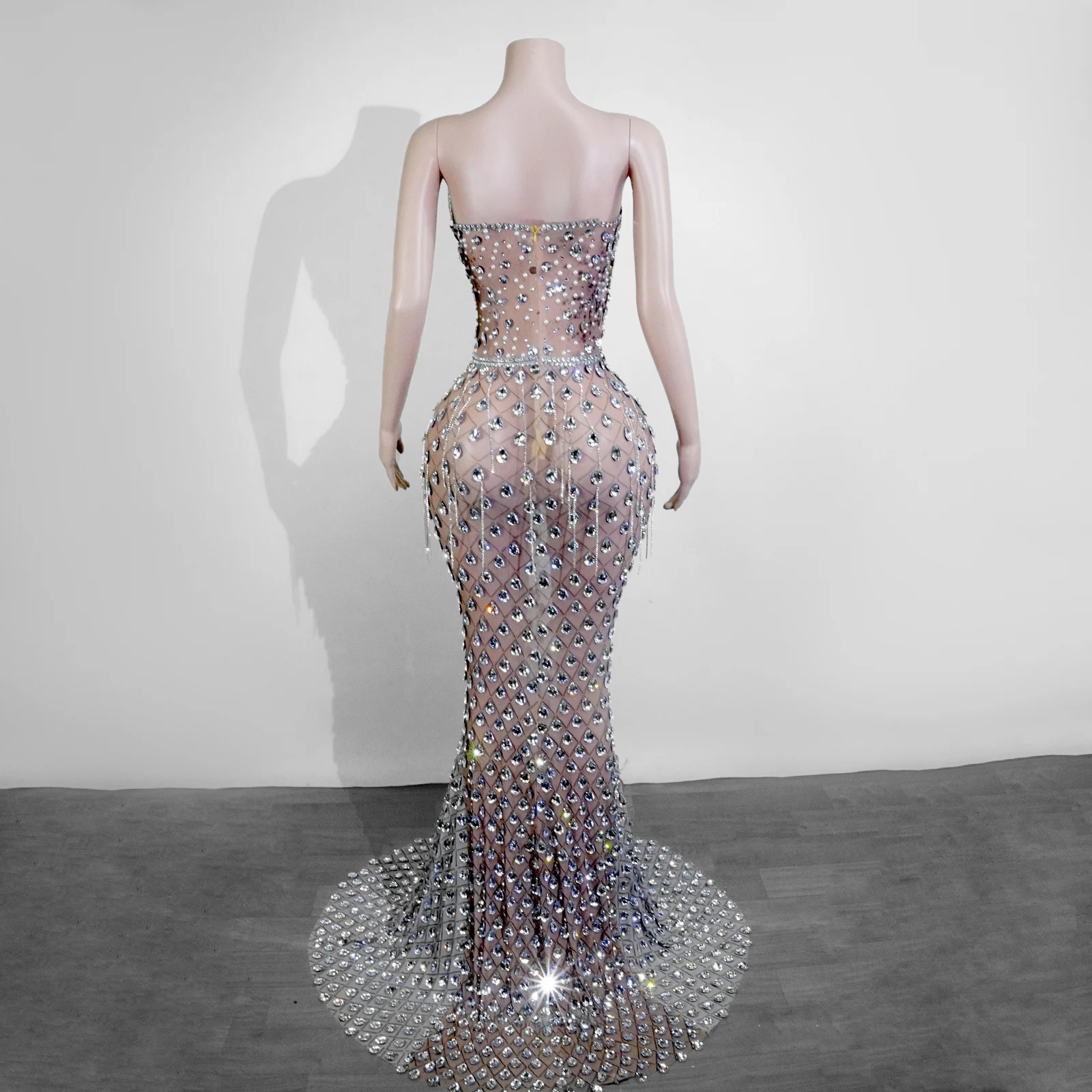 Glitzer Silber Kristall Lange Kleider Abend Party Sänger Beyonce Kostüm Look Drag Geburtstag Club Show Feiern Gogo Body Outfit