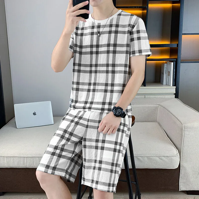 Casual Breathable Plaid Cotton T-Shirts & Shorts Short Sleeve Men's Sets 2025 Summer Youth Top Tees Pant Two-Piece Suit Clothing