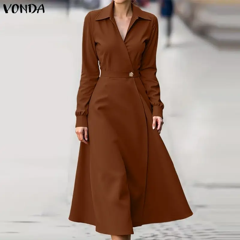 

Элегантное вечернее платье VONDA больших размеров 5XL, женское, с длинным рукавом, отложным воротником, однотонное, миди, осень-весна 2026, на пуговицах, модное платье-рубашка