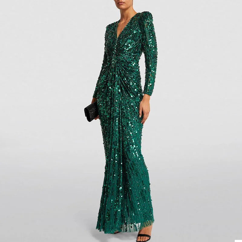 L237 New Arrival Green V Neck Long Sleeves Full Sequins And Crystal vestidos de fiesta  فساتين سهره evening dresses