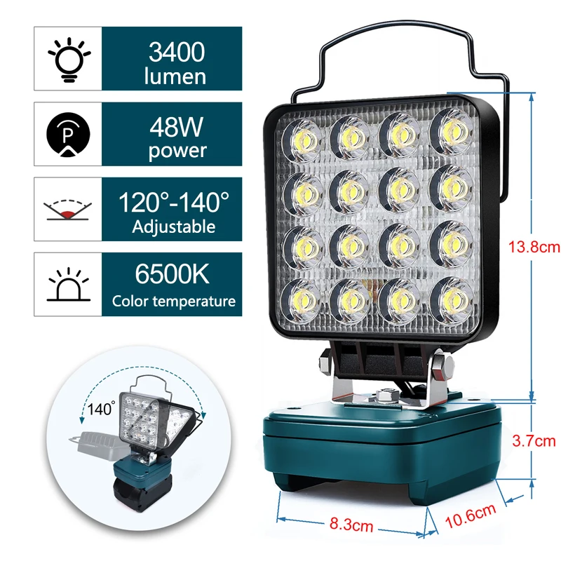 Luz de trabalho led portátil para bosch 14.4v-18v bateria de íon-lítio 48w 3400lm lanterna de iluminação de emergência com carga usb tipo-c ganz