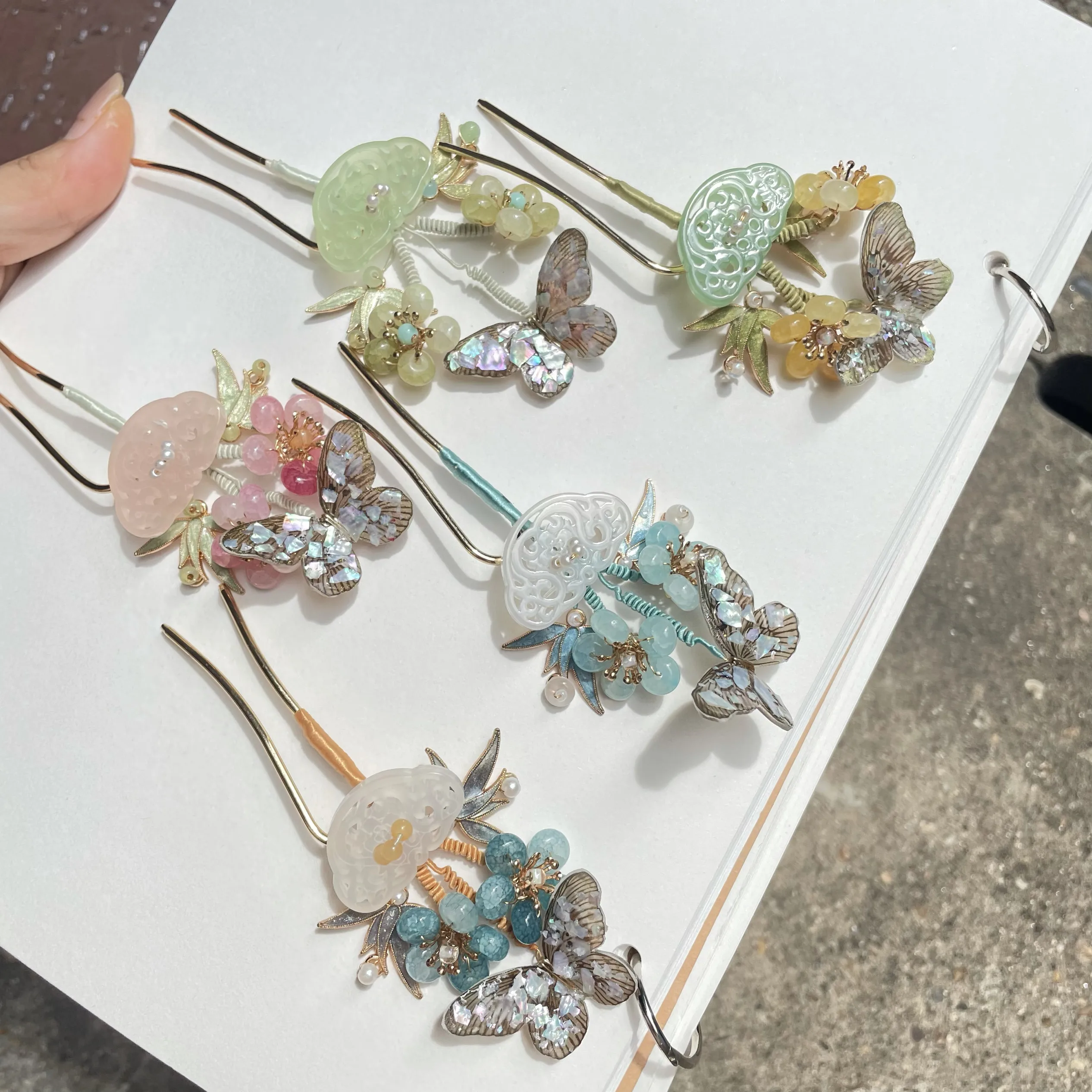 Handmade Vintage Chinese U Shaped Hair Pins Iridescent Fluttering Butterfly Hair Sticks For Qipao Hanfu Daily Wear In 5 Colors