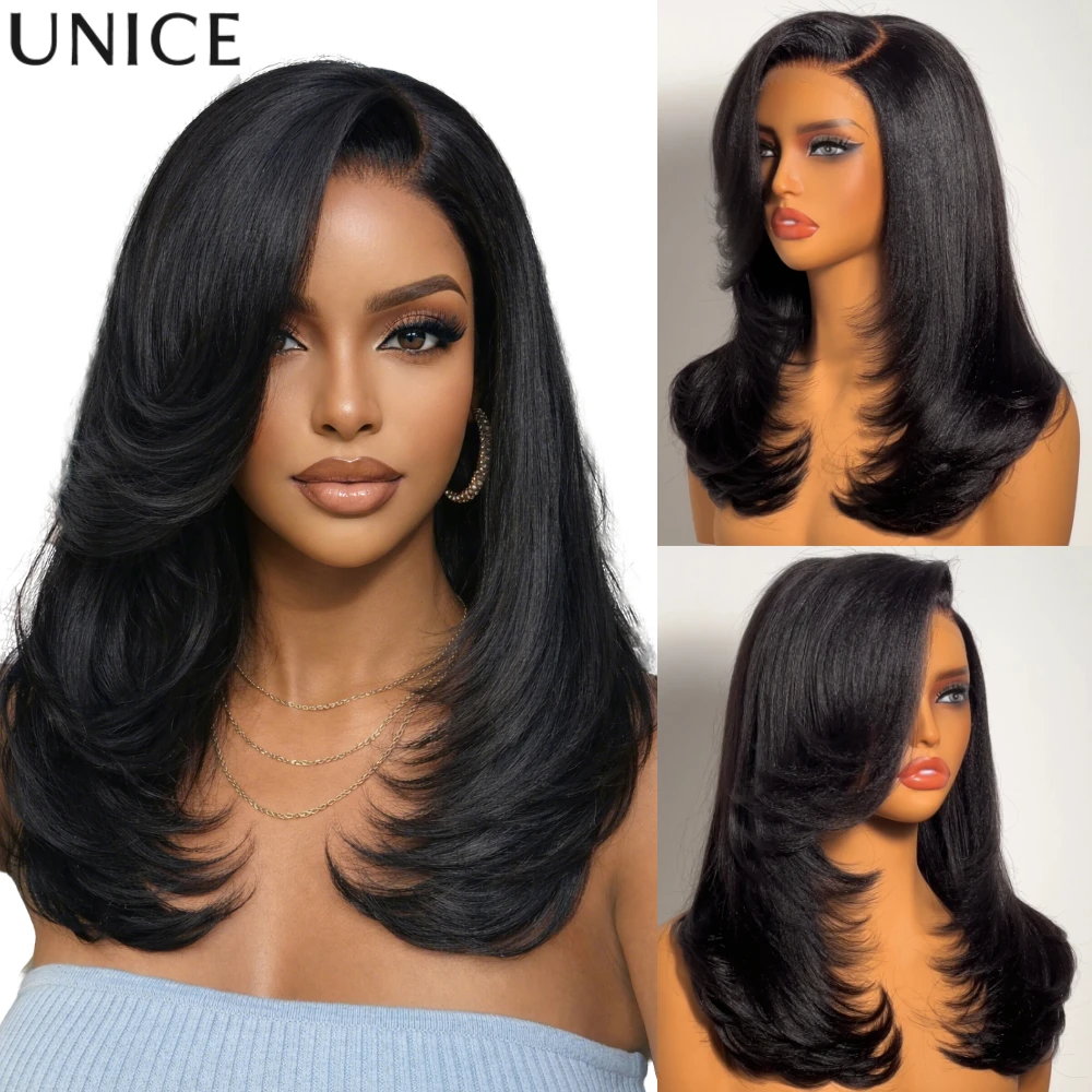 UNice Bye-Bye Knots ™   Peruca de Cabelo Humano Lisa Yaki com Partição Lateral Pré-definida 7x5, Camadas em Pluma e Efeito Blowout, Sem Cola, Densidade 150%
