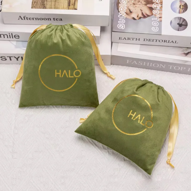 セージグリーンベルベット巾着ギフトバッグ - カスタムロゴ入り化粧品メイクポーチ、ジュエリー、手工芸品、香水用ダストバッグ