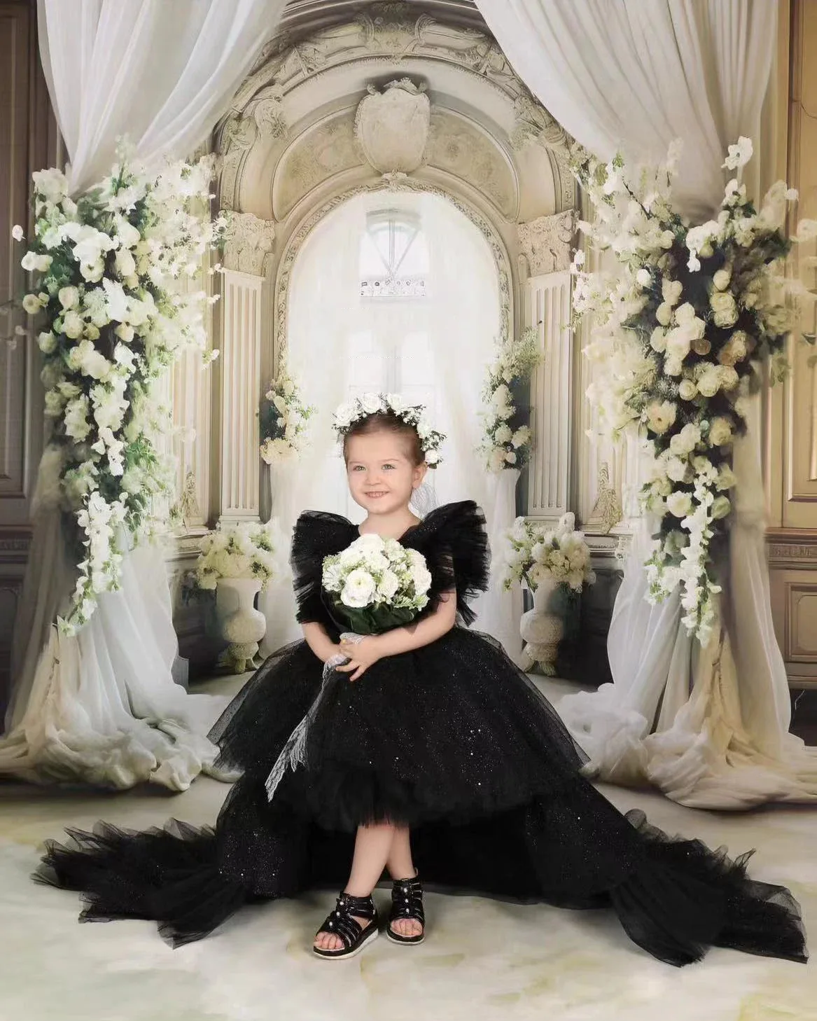 Black Layered Flower Girl Dress For Wedding Shining O-neck Princess First Communion Birthday Party Ball Gowns 2024 New