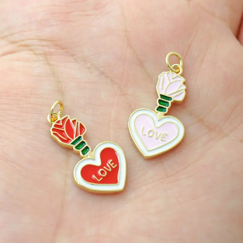 

2Pcs Copper Rose Point Letter Flowers Pendant Her Gold Color Enamel Approx 12.7x26.3mm Jewelry Special Gift For Women