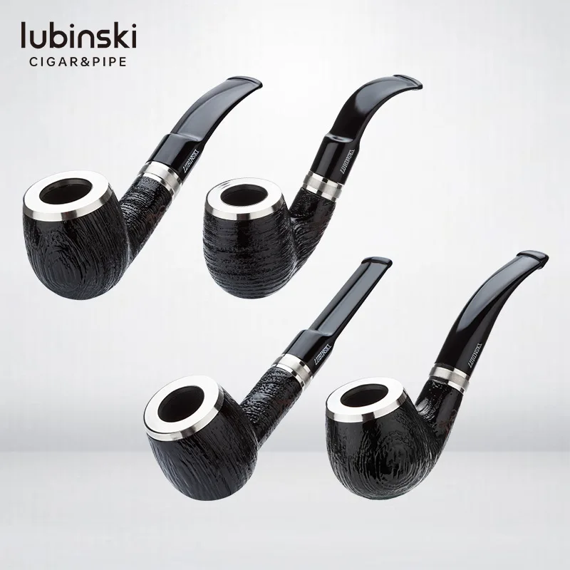 Rubinski LUBINSKI pipe black sandalwood double silver ring sandblasted pipe 9mm flue curved/straight pipe