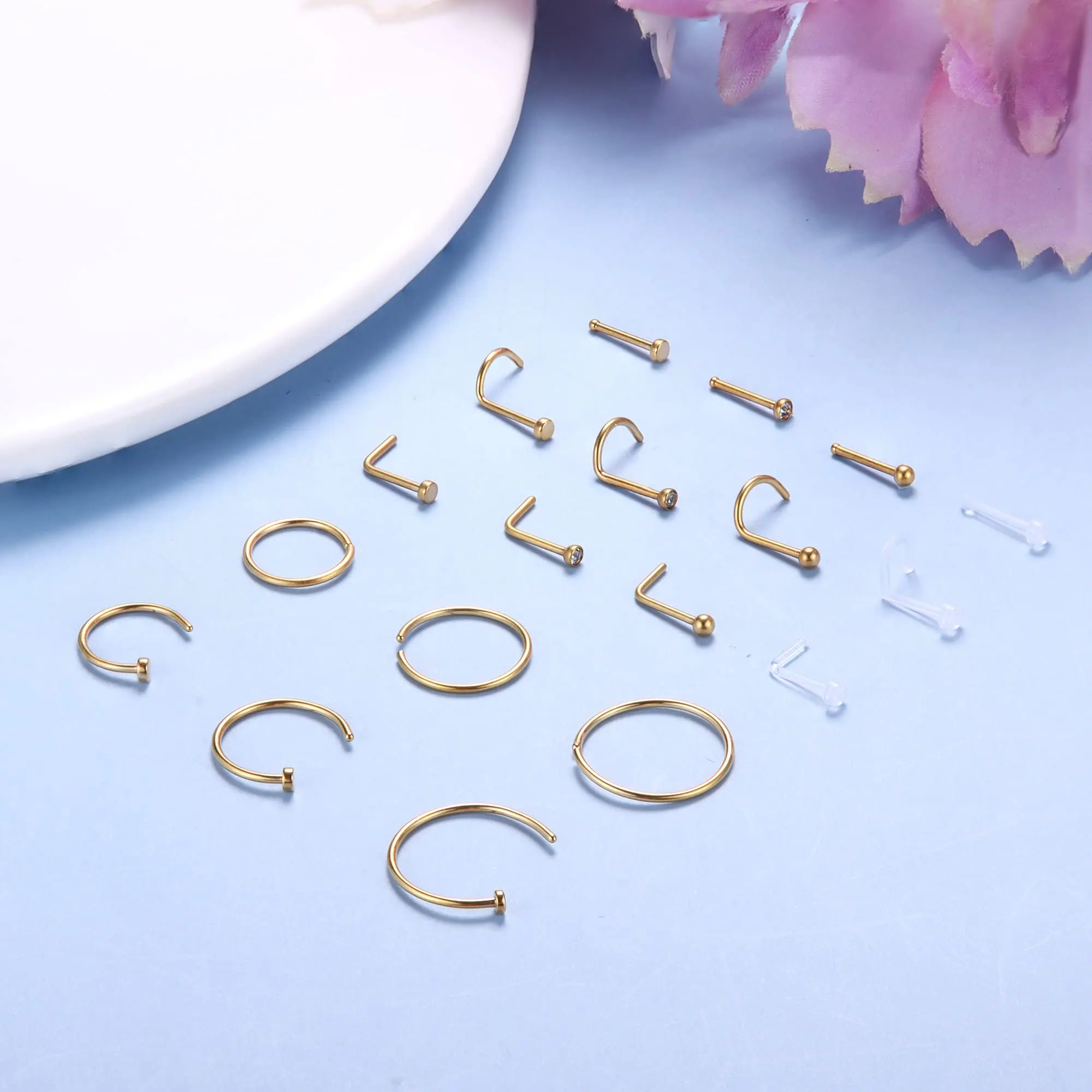 1PCS/18PCS Hypoallergenic Nose Ring Studs for Sensitive Skin 20G Hoops for Women Men 2mm Small Titanium Nose Piercing Jewelry