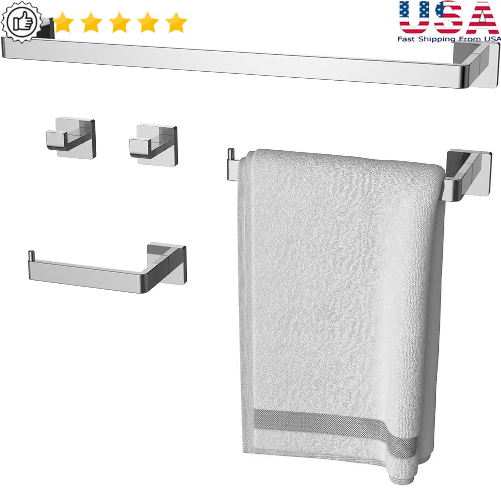 

5 Pieces Bathroom Hardware Set Towel Rack Polished Chrome Stainless Steel Wall Mount Rounded Corner Design Safety Elderly and