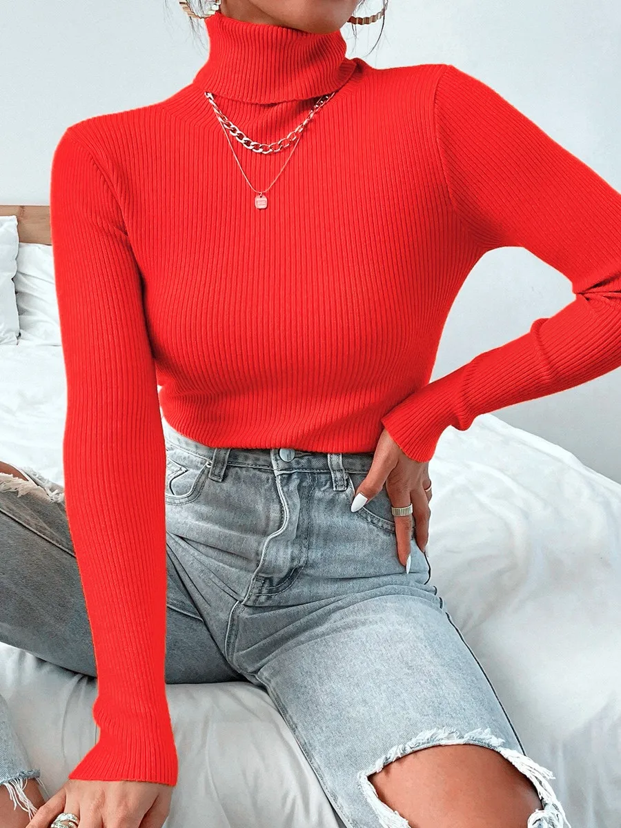 Autumn Winter Women Knit Solid Turtleneck Pull Sweater Casual Rib Jumper Tops Female Home Pullover Y2K Clothing 2024