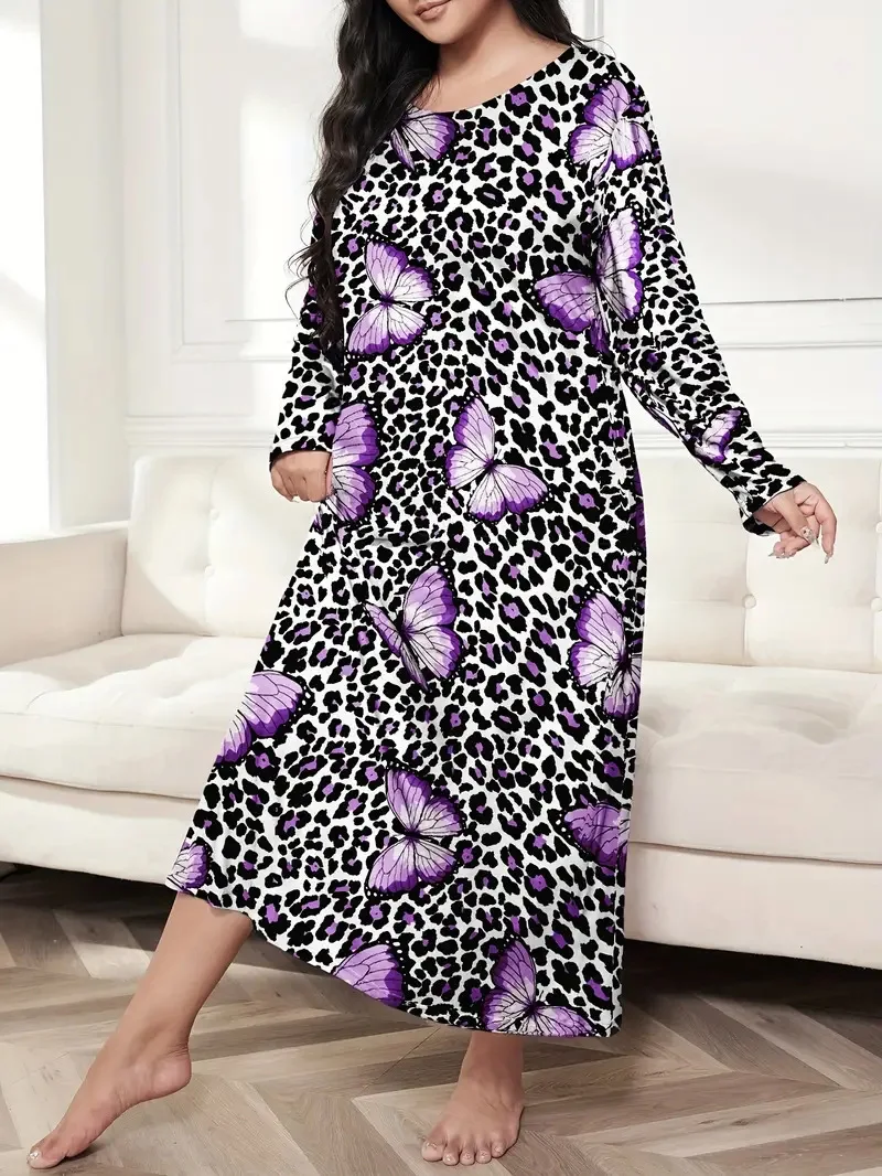 Women\'s 1XL-5XL Plus Size Long sleeved butterfly heart leopard print drop shoulder oversized long sleepwear dress