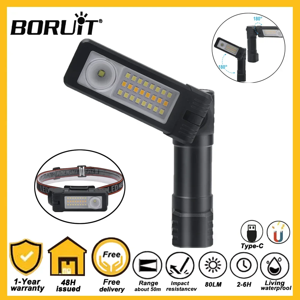 

Перезаряжаемый светодиодный налобный фонарь BORUiT со встроенной батареей, магнитный рабочий фонарь типа C для наружного кемпинга, рыбалки и ночного ремонта