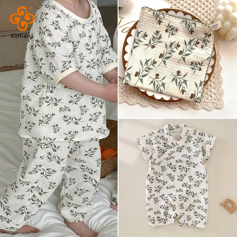 100x135cm Soft Cotton Gauze Fabric Plant Leaves Print Double Layer Gauze Children Flower Pants Pajamas DIY Material By The Meter