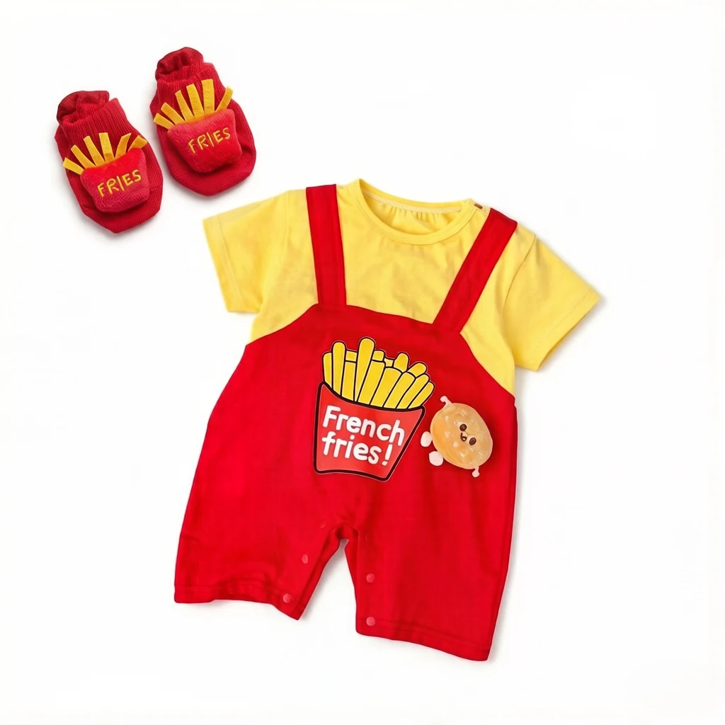 2Pcs Creative Fries Fake Suspender Romper, versatile casual outfit, fun daily crawling clothes for baby boys and girls