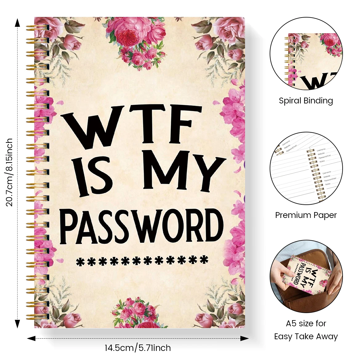 دفتر كلمة المرور مقاس A5، غطاء زهور، منظم بكلمة مرور، دفتر ملاحظات حلزوني لتسجيل الدخول على موقع المستخدم وإدارة كلمة المرور #2